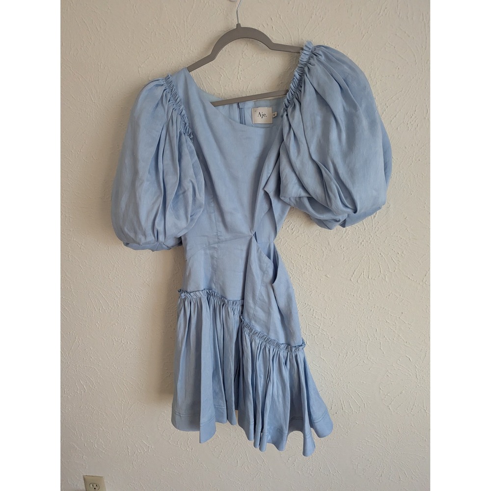 Aje Chateau puff sleeve mini dress size AU 8 US 4 linen blend powder blue $495 - Picture 4 of 8